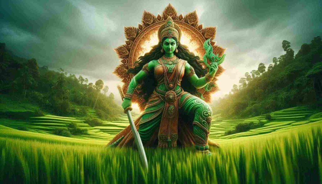 Fierce Katyayani in a Green Field A powerful goddess ready to battle standing in a lush green environment symbolizing growth and courage