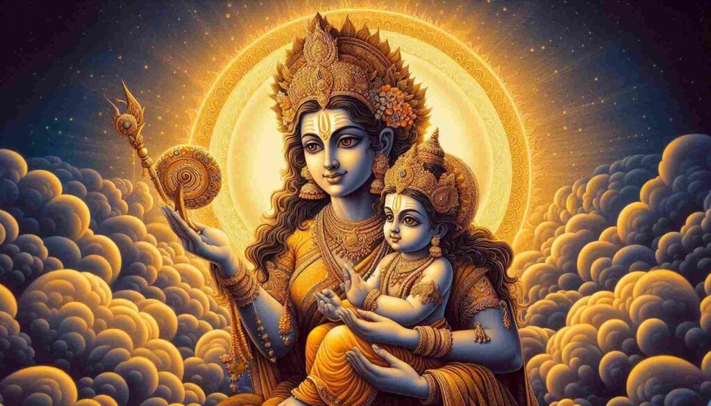 Nurturing Skandamata A motherly figure holding Lord Kartikeya with yellow hues representing