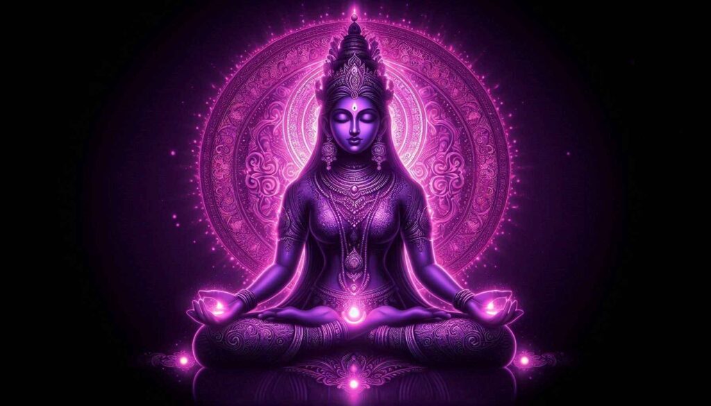 Purifying Mahagauri in Purple Light A calm goddess meditating in a purple glow symbolizing